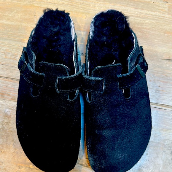 Birkenstock Boston Black Suede Shearling Lined Mule Clog 39 - Picture 1 of 10
